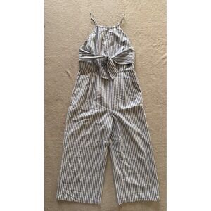 Greylin Blue White Striped Halter Front Tie Wide Leg Jumpsuit Womens Medium